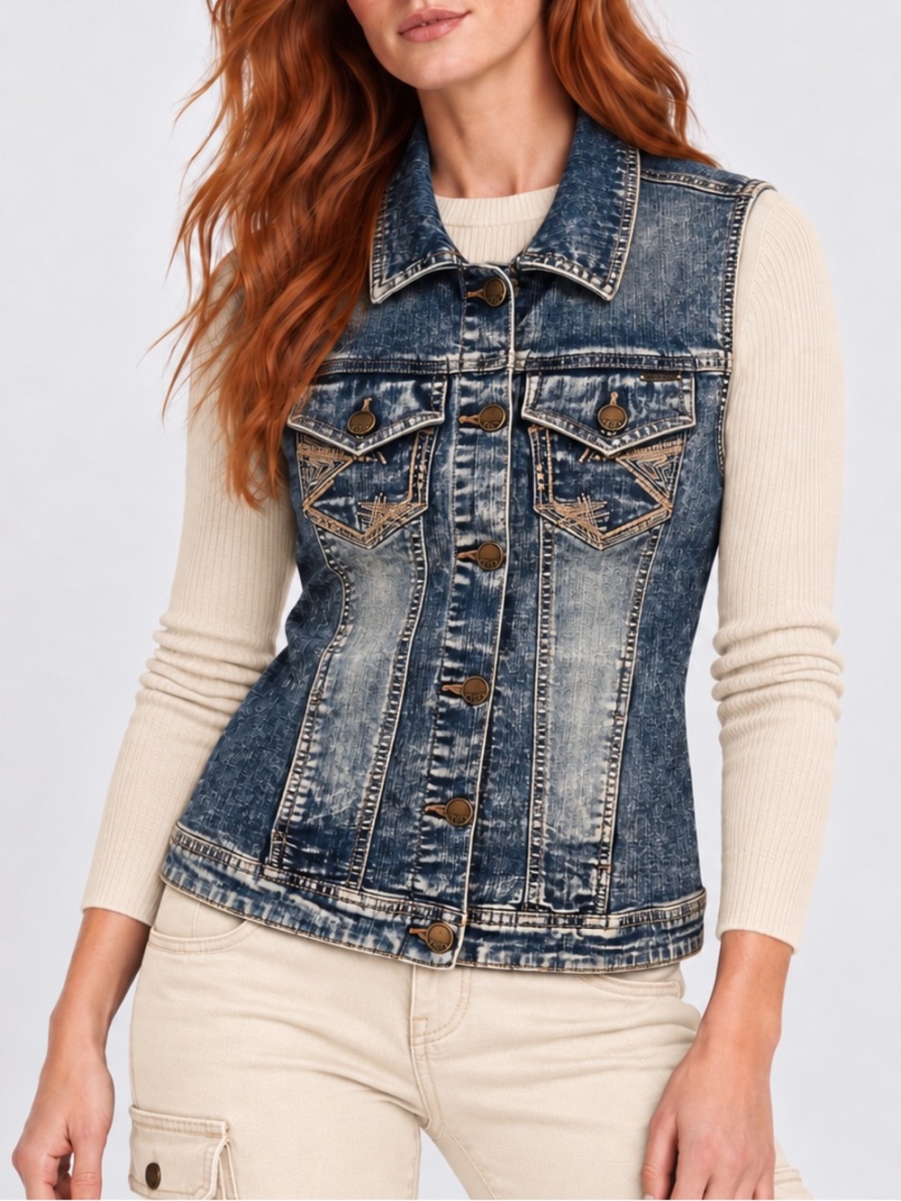 Foxy Jeans Acid Wash Stretch Denim Vest Western Y2K Style Size L